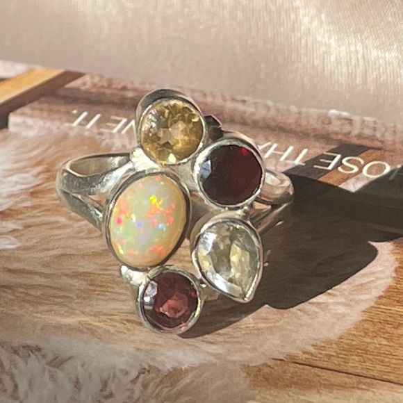 925 silver and natural Opal multi gemstone ring Adjustable Ring!! OS “VIBES” - Picture 8 of 16